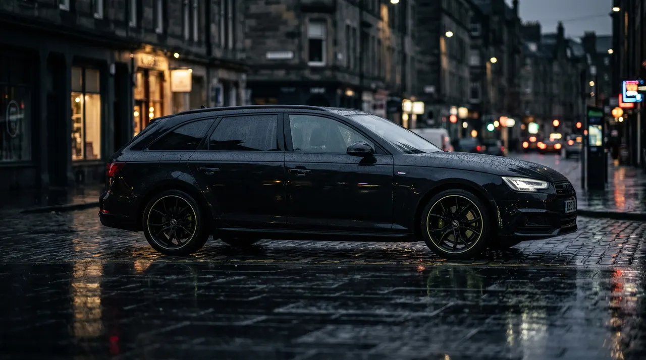 Czarne Audi A4 Avant na deszczowej ulicy